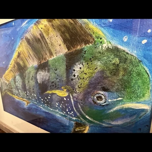 Framed Fish Art Print - Blue and Green mahi mahi dorado oil on canvas arts and - Picture 2 of 7